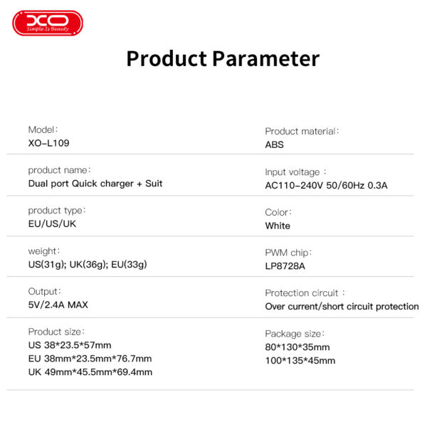XO L109 (UK) Dual USB-A 2.4A Charger with lightning cable