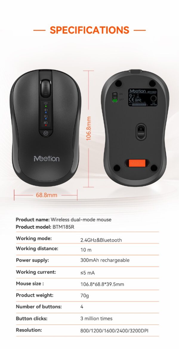 11mt-btm185r.jpg Meetion Ασύρματο Ποντίκι Office MT-BTM185R με Bluetooth & 2.4G Επαναφορτιζόμενο