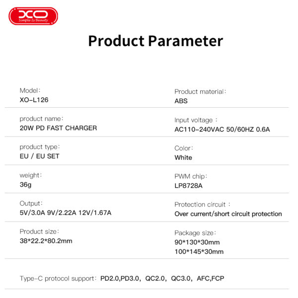 126__1.jpg XO L126 USB-C PD20W Fast Charging Charger with Lightning cable(NB-Q189A)
