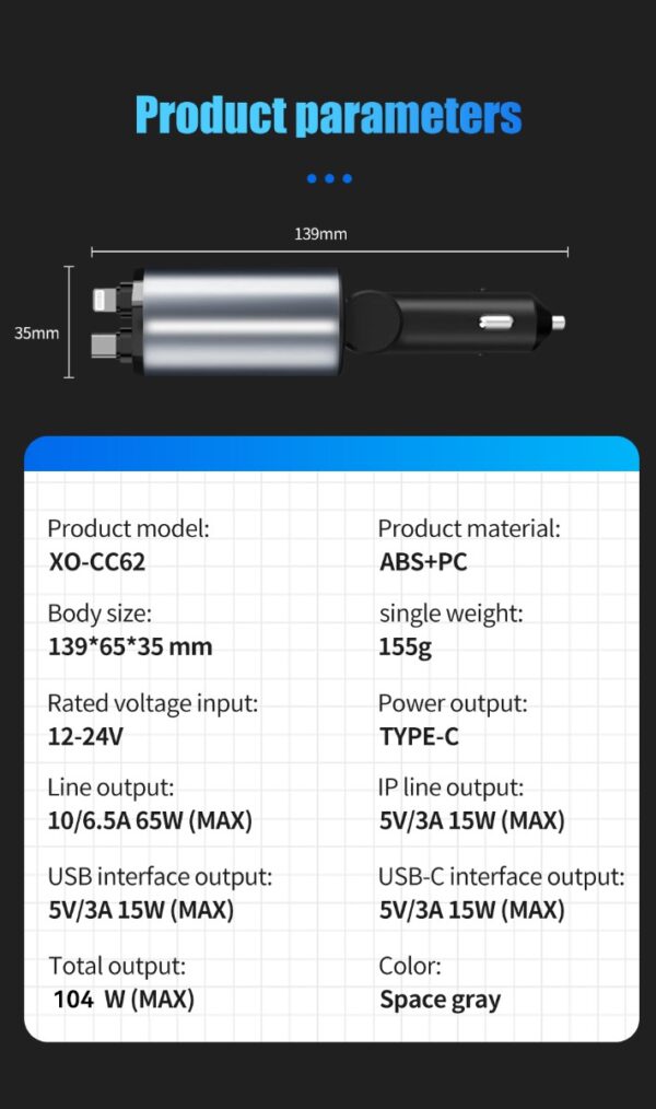 XO CC62 Smart Μεταλλικός 4 σε 1 Retractable Φορτιστής Αυτοκινήτου