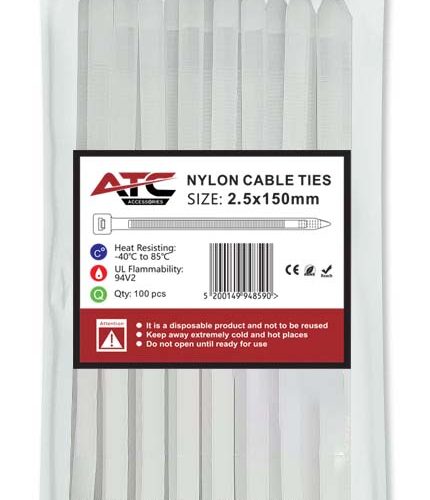 ATC Δεματικά 2.5x150mm Νάιλον Λευκά 100τμχ Σακουλάκι