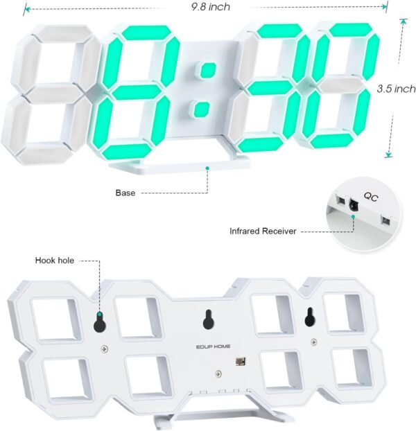 EDUP EH-LED1319 3D LED Wall Clock 9.5 Remote Control Digital Nightlight