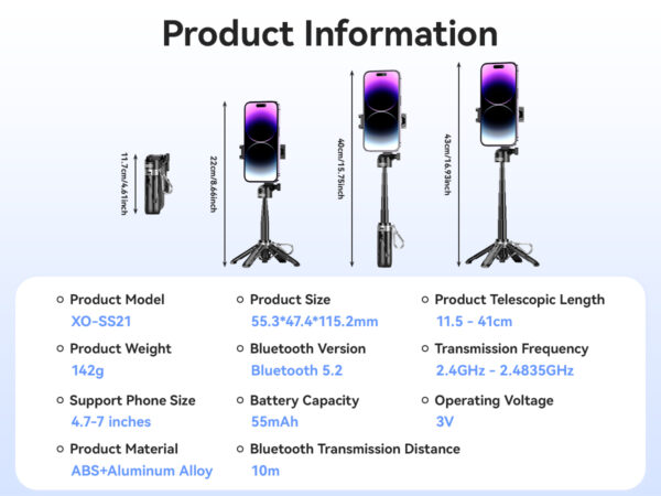 8_1_ss21.jpg XO SS21 Πολυλειτουργικό Selfie Stick Bluetooth 3 σε 1