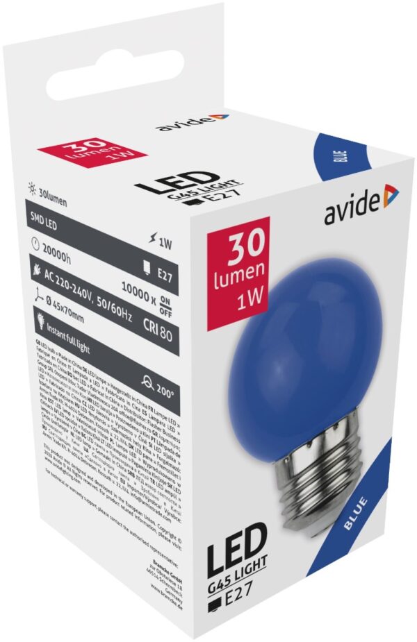 abdlg45-1w-b_avide-dekor-led-fenyforras-g45-1w-e27-kek.jpg Avide LED Διακοσμητική Λάμπα G45 1W E27 Μπλέ