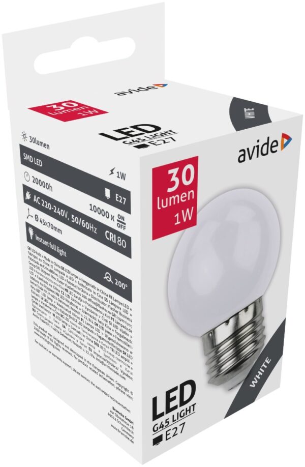 abdlg45-1w-w_avide-dekor-led-fenyforras-g45-1w-e27-feher.jpg Avide LED Διακοσμητική Λάμπα G45 1W E27 Άσπρο