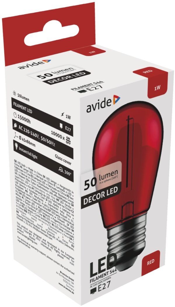 abdls44f-1w-r_avide-dekor-led-filament-fenyforras-1w-e27-piros.jpg Avide LED Διακοσμητική Λάμπα Filament 1W E27 Κόκκινο