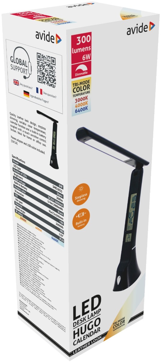 Avide LED Φωτιστικό Γραφείου Δερμάτινο Hugo Μαύρο 6W με Ημερολόγιο