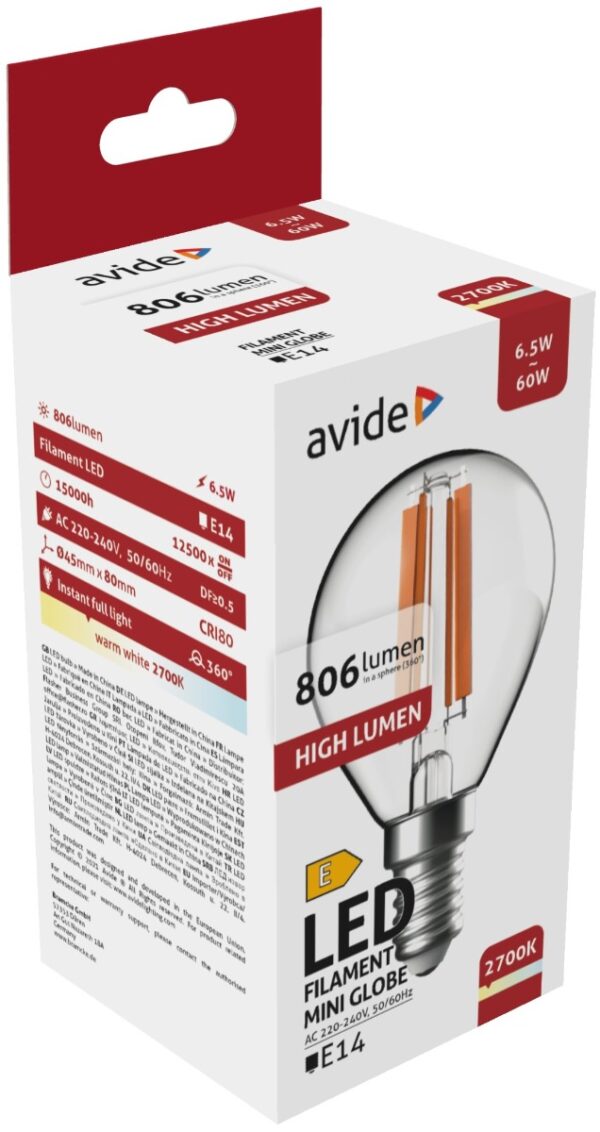 ablfmg14ww-hl-65w_avide-led-filament-mini-globe-65w-e14-ww-2700k-high-lumen.jpg Avide LED Filament Σφαιρική 6.5W E14 Θερμό 2700K Υψηλής Φωτεινότητας