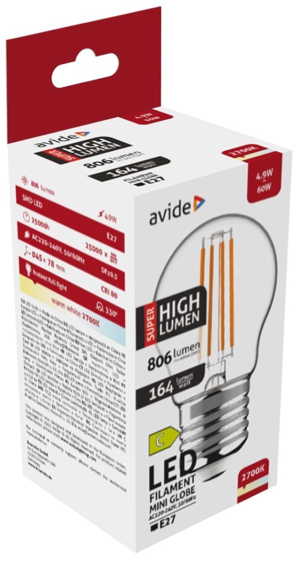 ablfmg27ww-49w-shl_avide-led-filament-mini-globe-49w-e27-ww-2700k-super-high-lumen.jpg Avide LED Filament Σφαιρική 4.9W E27 Θερμό 2700K Super Υψηλής Φωτεινότητας