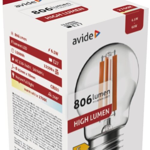 ablfmg27ww-hl-65w_avide-led-filament-mini-globe-65w-e27-ww-2700k-high-lumen.jpg Avide LED Filament Σφαιρική 6.5W E27 Θερμό 2700K Υψηλής Φωτεινότητας
