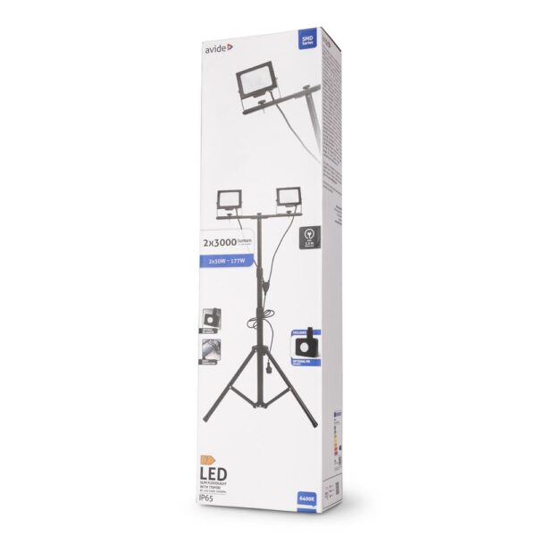 Avide LED Flood Light Slim Αισθητήρας PIR, SMD 2x30W CW 6400K 2 Κεφαλές με Τρίποδο