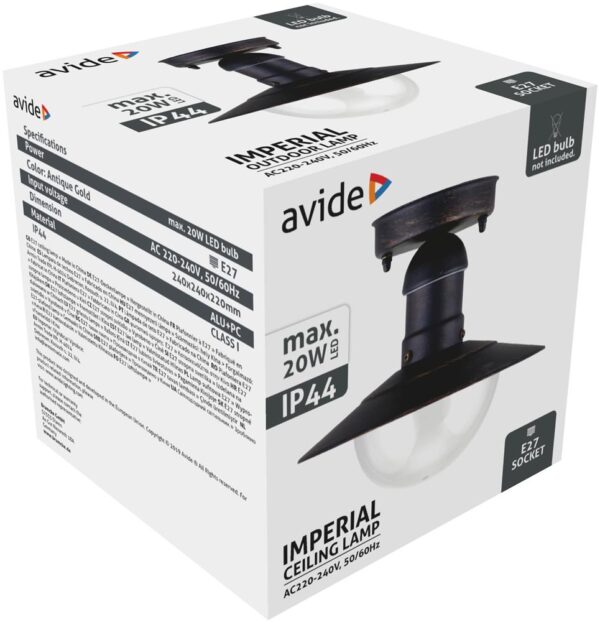 aolce27-imp-ag_b.jpg Avide Εξωτερικό Φωτιστικό Οροφής Imperial 1xE27 IP44 Σκούρο Χρυσό