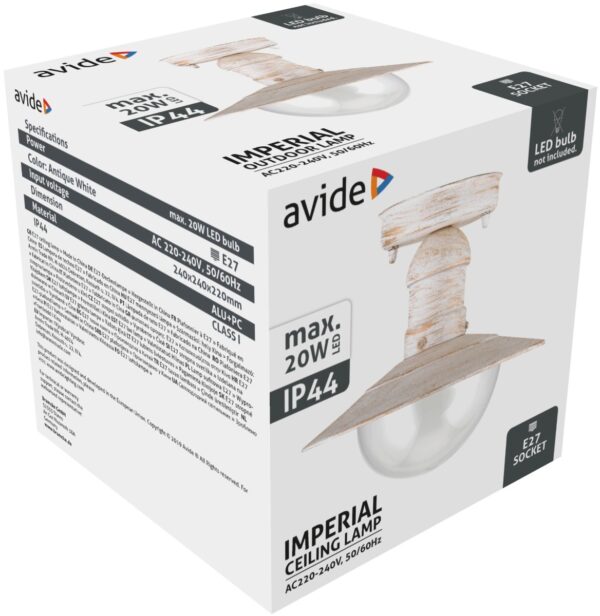 Avide Εξωτερικό Φωτιστικό Οροφής Imperial 1xE27 IP44 Αντίκα Λευκό