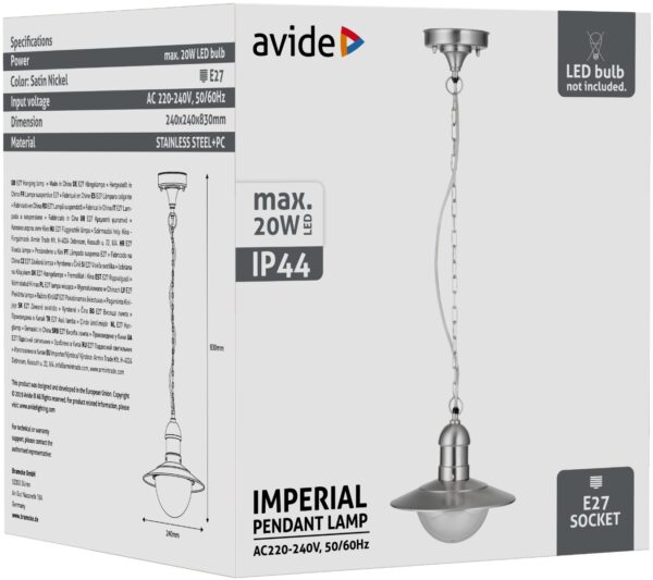 Avide Εξωτερικό Φωτιστικό Οροφής Imperial 1xE27 IP44 Stainless Steel