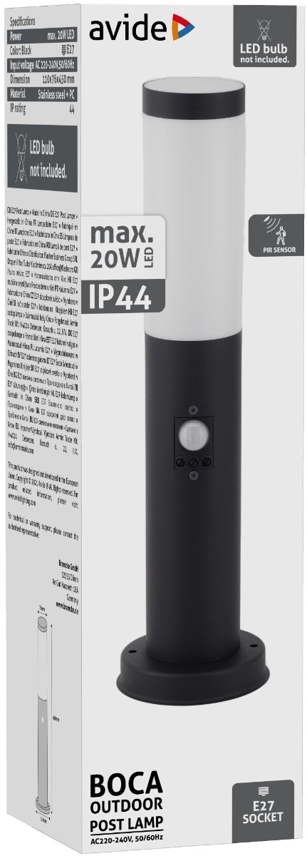 Avide Εξωτερικό Φωτιστικό Κήπου Boca 1xE27 450mm IP44 Μαύρο Φωτοκύτταρο