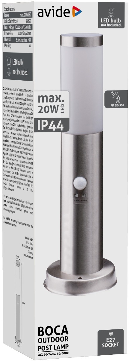 Avide Εξωτερικό Φωτιστικό Κήπου Boca 1xE27 450mm IP44 Σατέν Νίκελ Φωτοκύτταρο