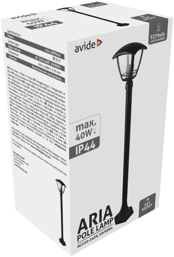 Avide Εξωτερικό Φωτιστικό Κολώνα Aria 100cm 1xE27 IP44 Μαύρο