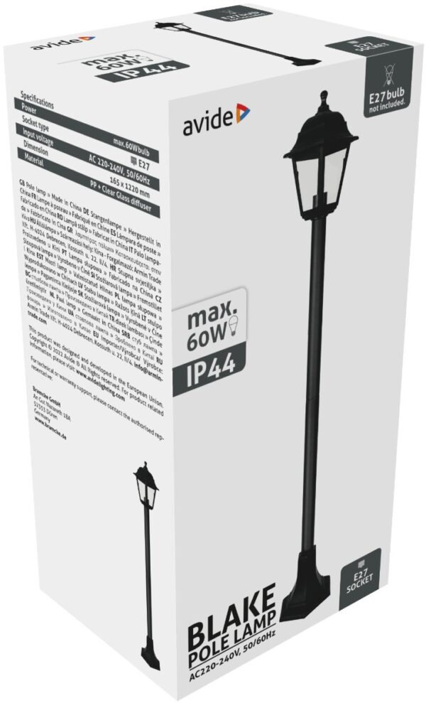 Avide Εξωτερικό Φωτιστικό Κολώνα Blake 1xE27 120cm IP44 Μαύρο