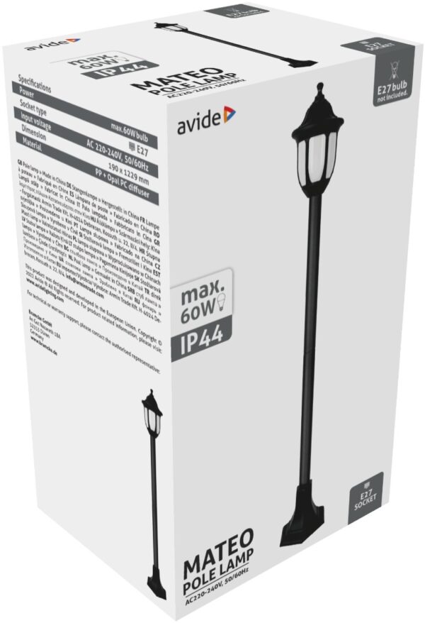 Avide Εξωτερικό Φωτιστικό Κολώνα Mateo-XL 122cm 1xE27 IP44 Μαύρο