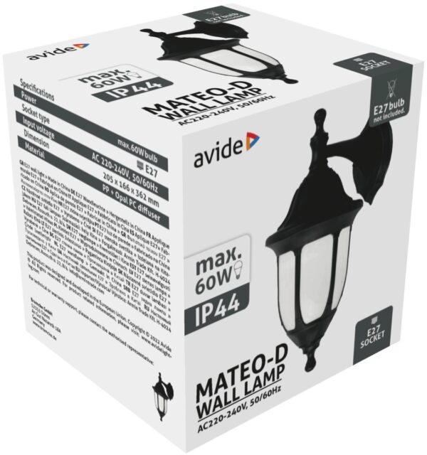 Avide Εξωτερικό Φωτιστικό Τοίχου Mateo-D 1xE27 IP44 Μαύρο