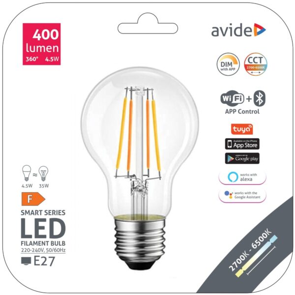 asf27cct-45w-wible_avide-smart-filament-led-globe-a60-45w-cct-wifi-ble-app-control.jpg Avide LED Smart Filament Κοινή A60 4.5W CCT WIFI + BLE APP Control