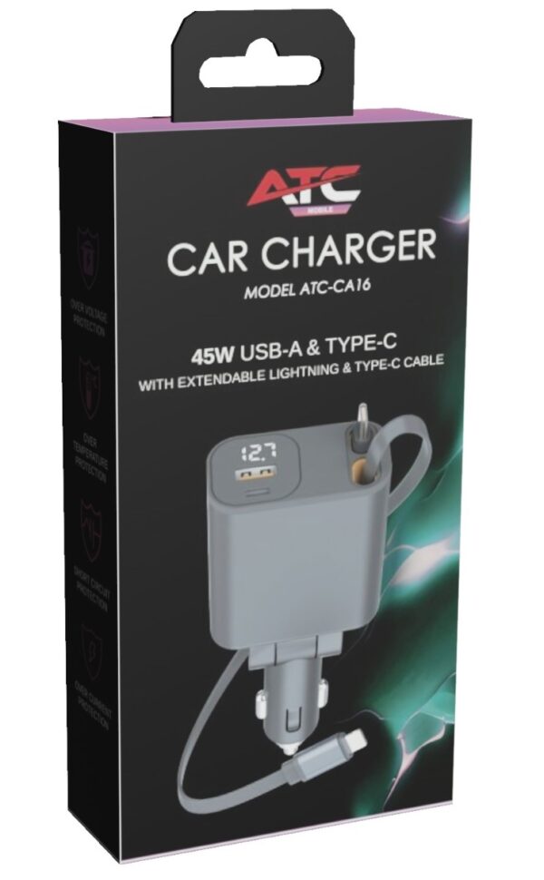 ATC-CA16 Φορτιστής Αυτοκινήτου 45W USB-A & Type-C με Επεκτεινόμενο Καλώδιο Lightning & Type-C