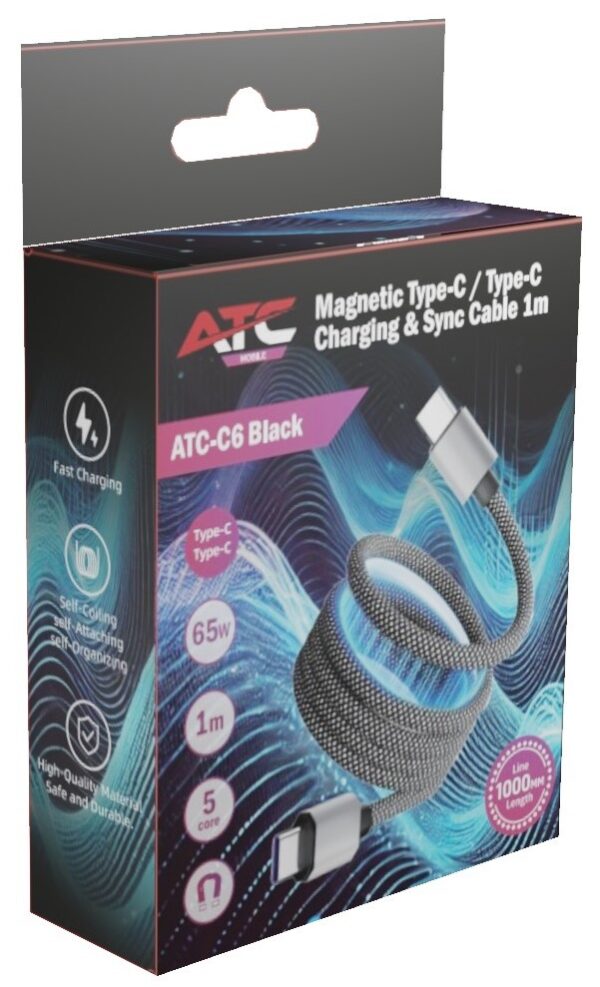 ATC-C6 Μαγνητικό Καλώδιο Φόρτισης & Μεαφοράς Δεδομένων Type-C σε Type-C 65W 1m Μαύρο