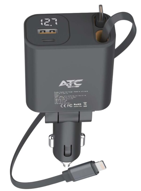 ATC-CA16 Φορτιστής Αυτοκινήτου 45W USB-A & Type-C με Επεκτεινόμενο Καλώδιο Lightning & Type-C