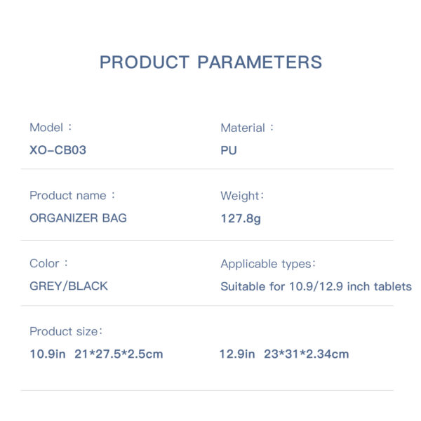 Τσάντα tablet XO CB03 iPad Γκρι (12,9 ιντσών)