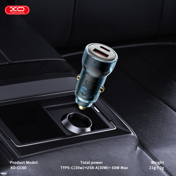 cc60_3-1.jpg XO CC60 Smart Διαφανής Φορτιστής Αυτοκινήτου A30W+C30W/Ταυτόχρονη 60W Μπλε