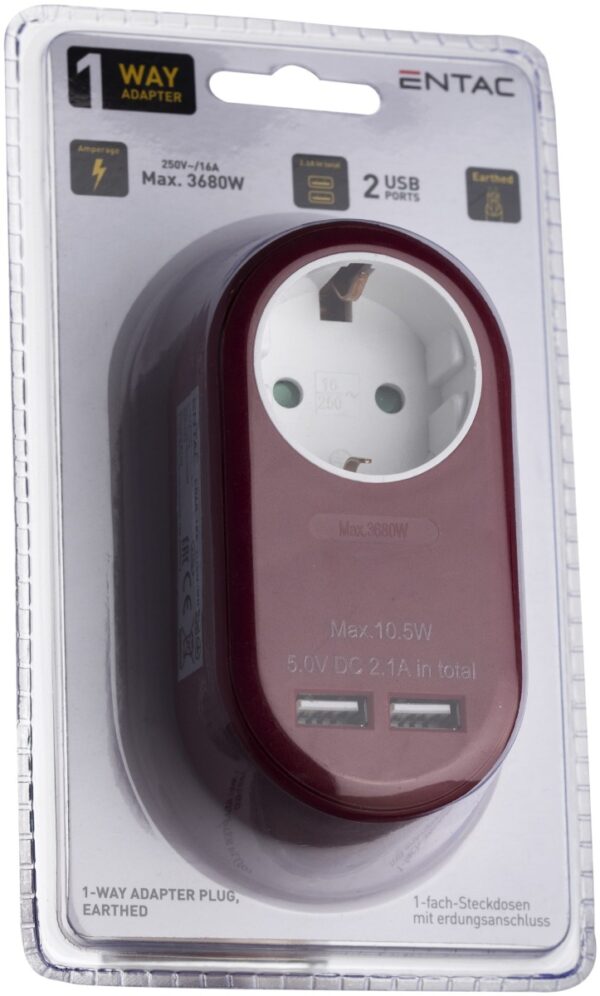 Entac Πρίζα Σούκο με 2 Θύρες USB (total 2.1A) Μπορντό