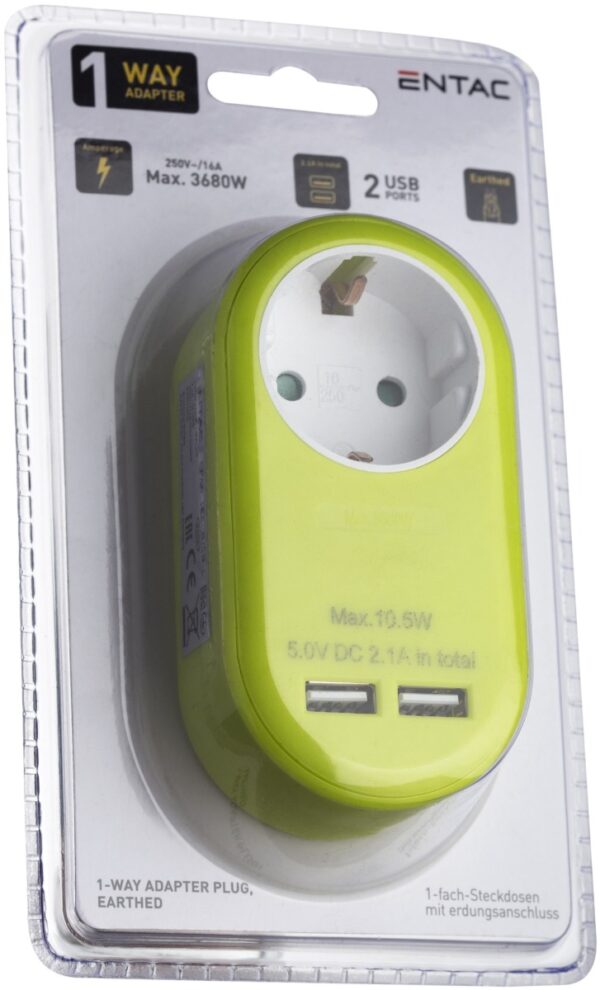 Entac Πρίζα Σούκο με 2 Θύρες USB (total 2.1A) Λάιμ
