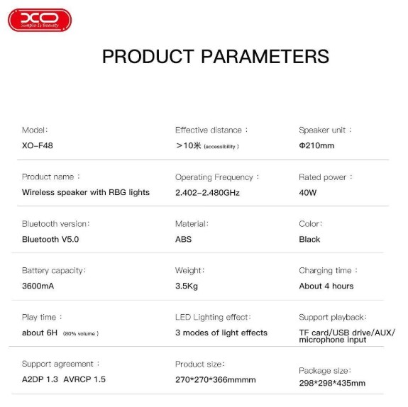 XO F48 Διπλό Bluetooth Ηχείο 40W 8" RGB (με Τηλεχειριστήριο)