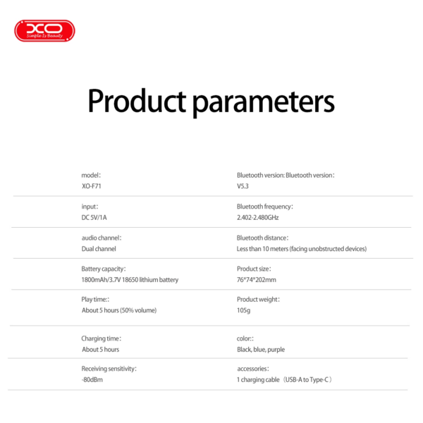 XO F71 Ηχείο Speaker με Λαβή Μεταφοράς LED Μαύρο