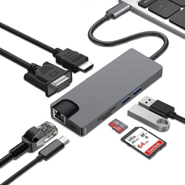 h23a9810f0eae4d8eb6776ca2573cc3b8r.jpg Μετατροπέας 8in1 USB C hub RJ45 HDMI USBx2 VGA SD TF USB3.0x2