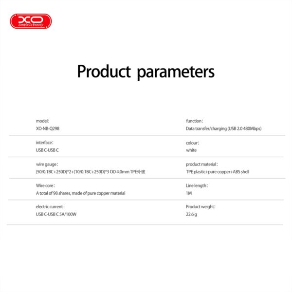 XO NB-Q298 Καλώδιο Φόρτισης & Μεταφοράς Δεδομένων Type-C σε Type-C 240W Λευκό 1m