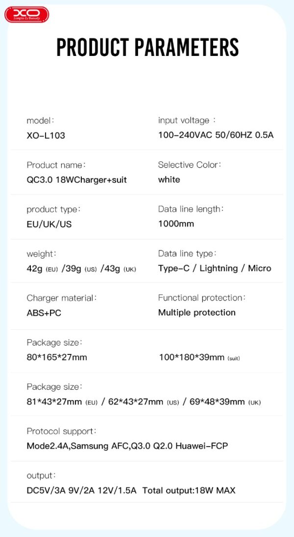XO L103 (UK) QC3.0 18W Φορτιστής