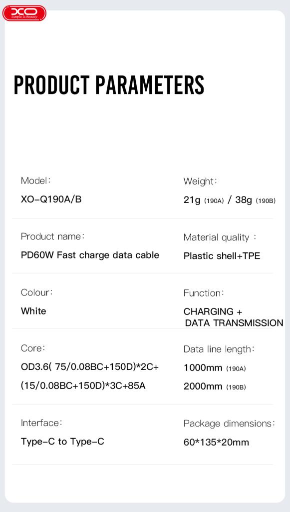 l_32__5.jpg XO NB-Q190A 60W Καλώδιο Φόρτισης + Data Type-C σε Type-C 1m