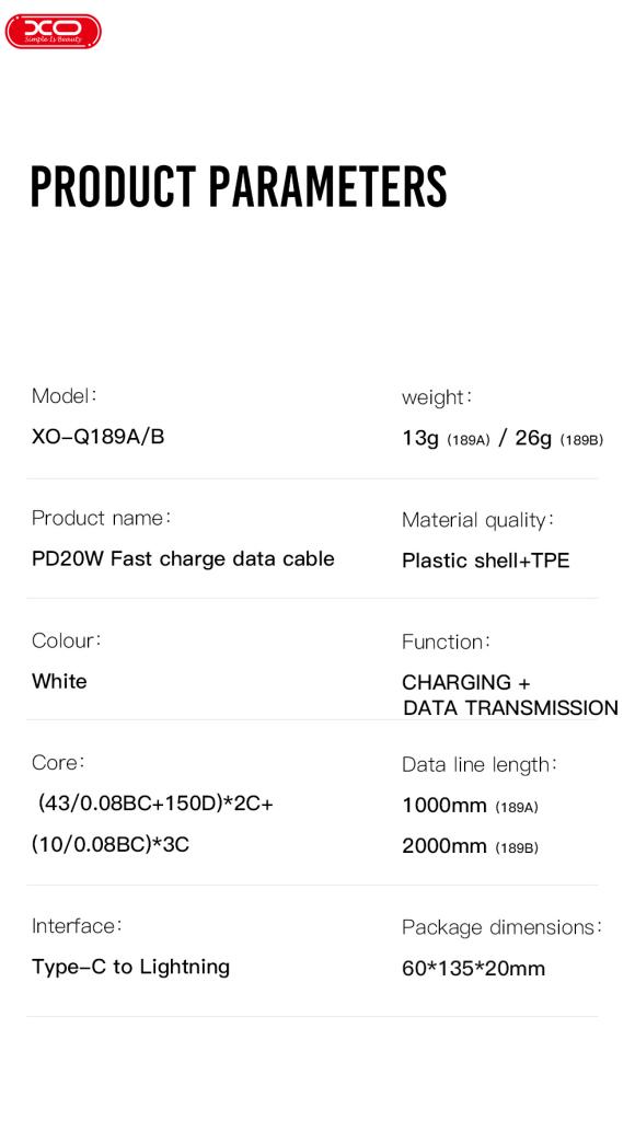 l_41__3.jpg XO NB-Q189B PD 20W Καλώδιο Φόρτισης + Data Type-C Σε Lightning 2m