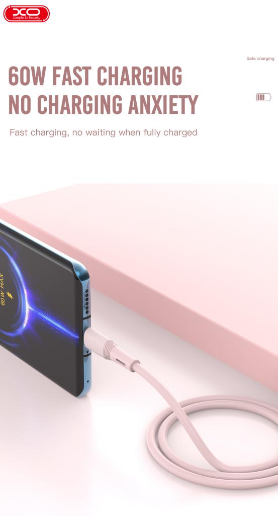 XO NB-Q226B Καλώδιο Φόρτισης - Data 60W Type-C σε Type-C 1m Ροζ