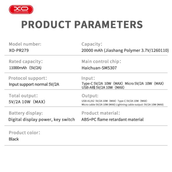 l_77__4.jpg XO PR279 Powerbank με Καλώδια USB-A Type-C Micro & Lightning 20.000mAh