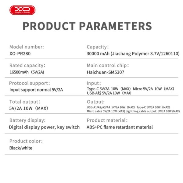 l_87__4.jpg XO PR280 Powerbank με Καλώδια USB-A Type-C Micro & Lightning 30.000 mAh