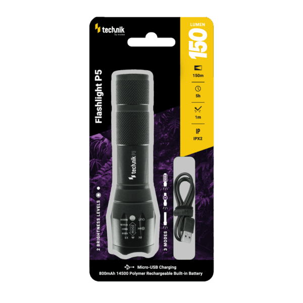 Technik Φακός P5 (+1x14500 800mAh) XPE LED με Καλώδιο Micro USB 150lm