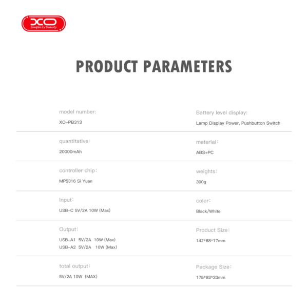 pb313.png XO PB313 Powerbank 20000mAh Μαύρο