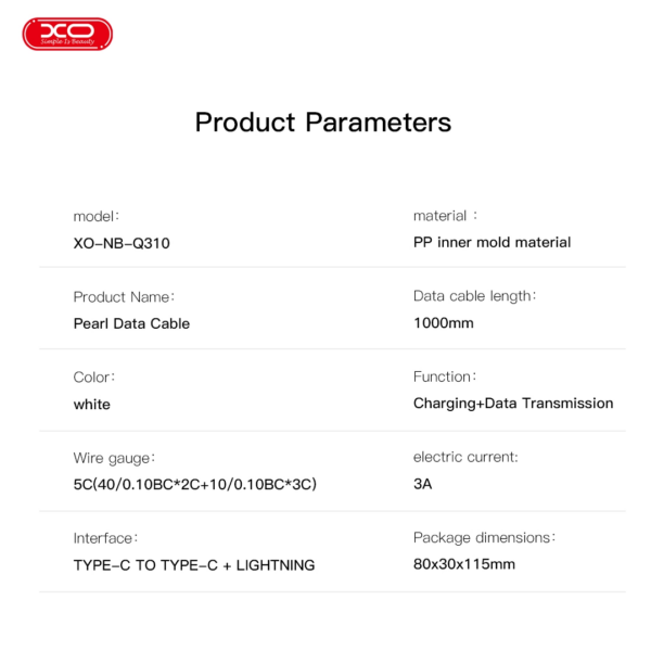 q310_-_-.png XO NB-Q310 Καλώδιο Φόρτισης & Μεταφοράς Δεδομένων με Πέρλες Type-C σε Type-C (60W) & Lighting (27W) 1m
