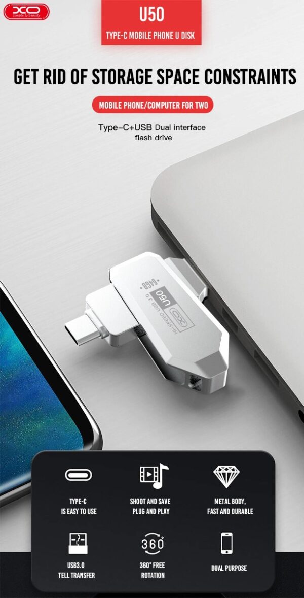 XO U50 Στικάκι & Αντάπτορας Type-C σε USB OTG USB 3.0 Έκδοση 16GB