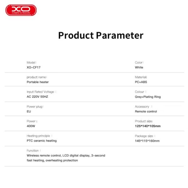 XO CF17 Mini Φορητή Μονάδα Θέρμανσης Τετράγωνη 400W