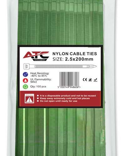 ATC Δεματικά 2.5x200mm Νάιλον Πράσινα 100τμχ Σακουλάκι
