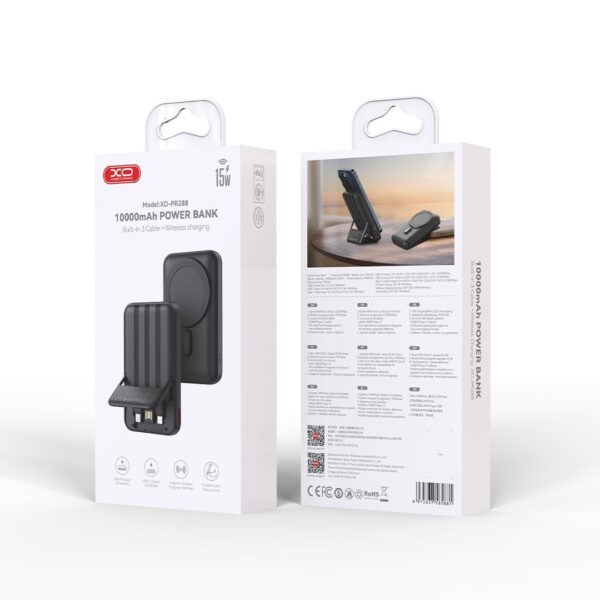 XO PR288 Powerbank Ταχείας Φόρτισης 15W με 3 Ενσωματωμένα Καλώδια & Ασύρματη Φόρτιση PD20W 10000mAh