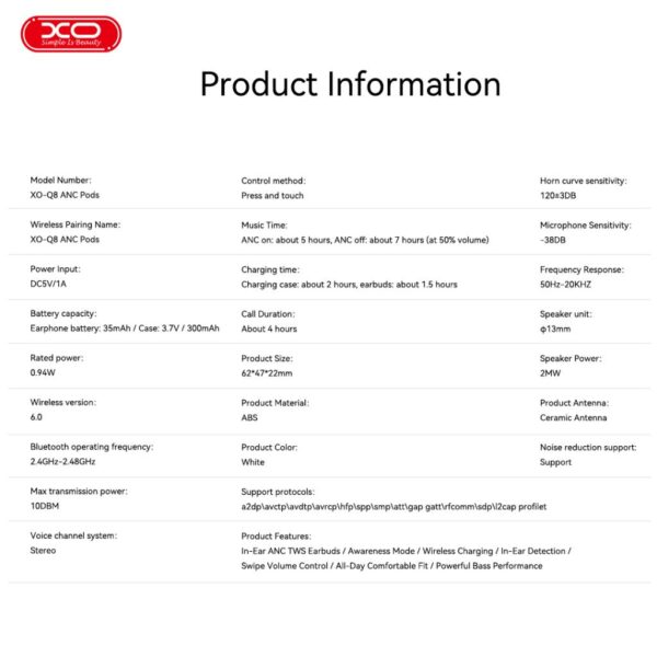 XO Q8 ANC Ασύρματα Ακουστικά Bluetooth 8ης Γενιάς